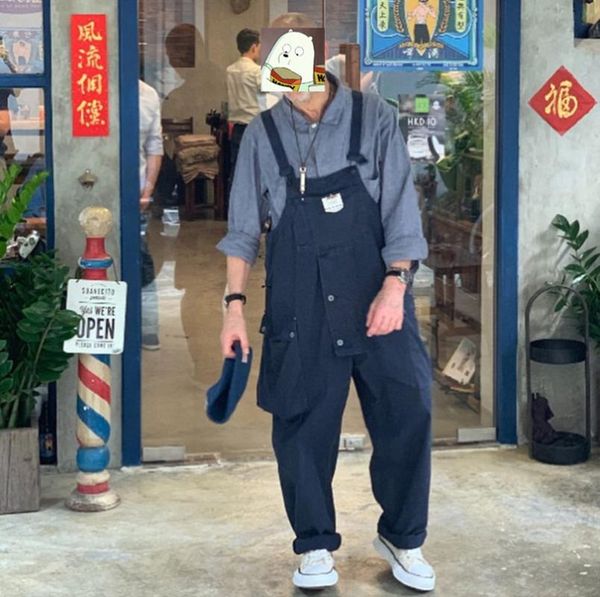 

casual overalls trousers workers loose suspenders jeans men/women pants men's, Blue
