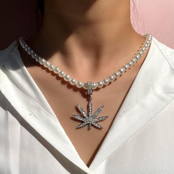 

chokers korean shiny crystal leaf pendant pearl beaded necklace for women baroque choker minimalist elegant femme party jewelry, Golden;silver