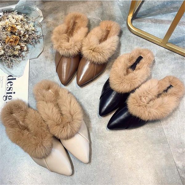 

slippers hairy women 2021 fall/winter fashion outer wear baotou half-drag pointed toe low-heeled mules, Black