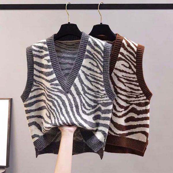 

2021 autumn striped sweater vest women v-neck knitted vest female school waistcoat ladies sleeveless vest for women, Tan;black