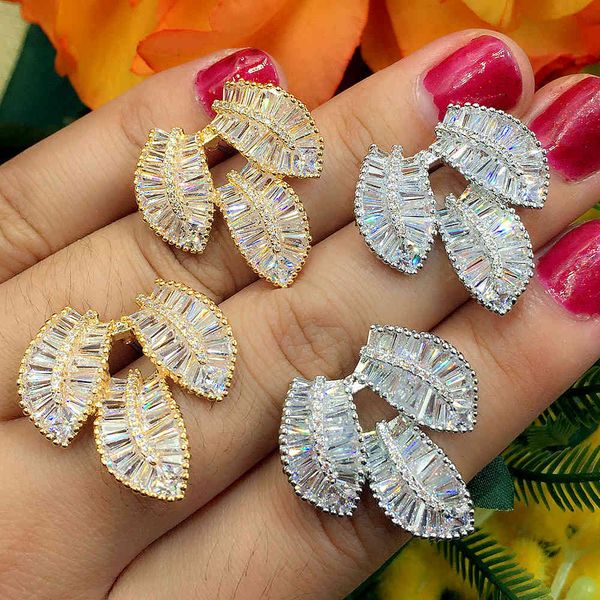 

godki elegant 3 leaves leaf design clear cubic zirconia women engagement earrings studs jewelry party gift, Golden
