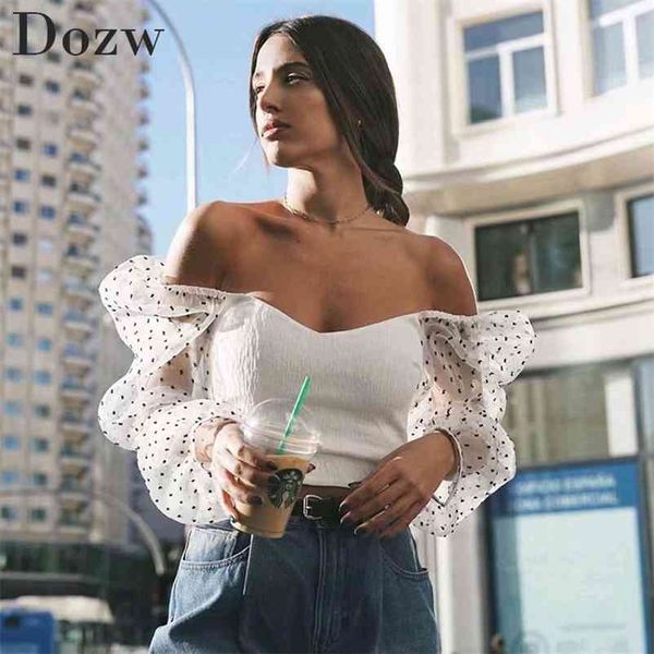 

mesh patchwork chic blouses women transparent long sleeve crop female fashion short blouse shirt tunic chemisier femme 210515, White