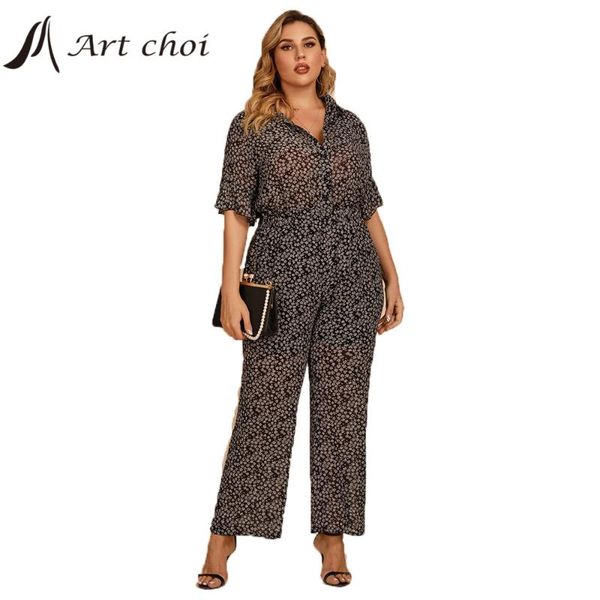 

plus size tracksuits women jumpsuits rompers summer floral print one piece short flare sleeve blouse chic office ladies long wide leg pants