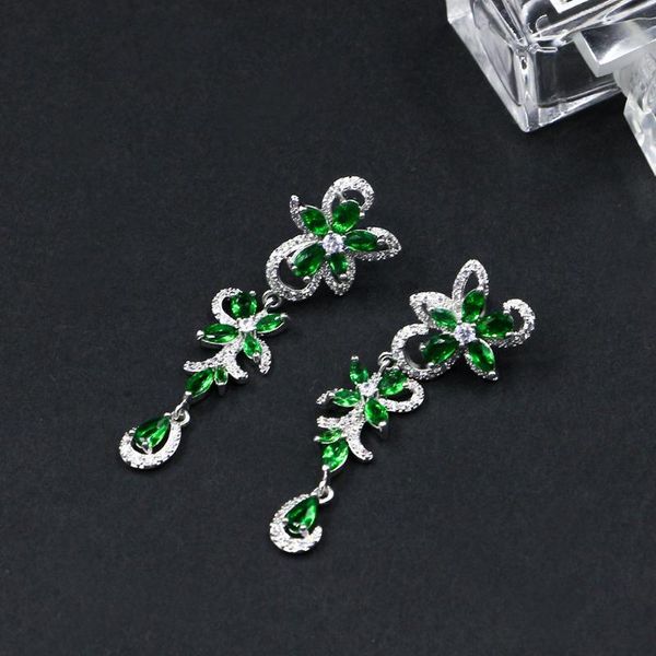 

dangle & chandelier white green flower cubic zirconia triangle big long leaf drop bridal earrings for wedding ear jewelry, Silver