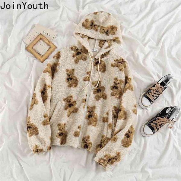 

joinyouth cartoon bear lamb wool women's hooded jacket casual oversized winter clothes woman jackets cute korean coats 210818, Black;brown