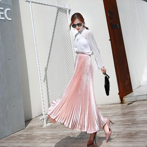 

spring and summer fashion pleated women skirts long solid flared maxi for, Black
