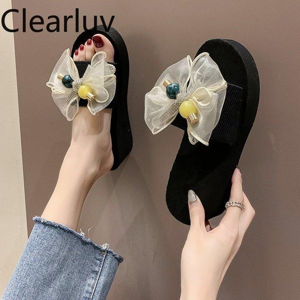 

platform wedge heel women's slippers open-toed lace and rhinestone indoor non-slip soft light-soled ladies, Black
