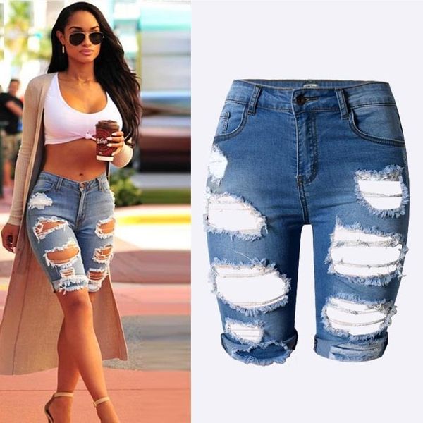 

women's jeans knee length denim shorts women vintage short ripped distressed high waist femme oversized plus size dnim pants, Blue