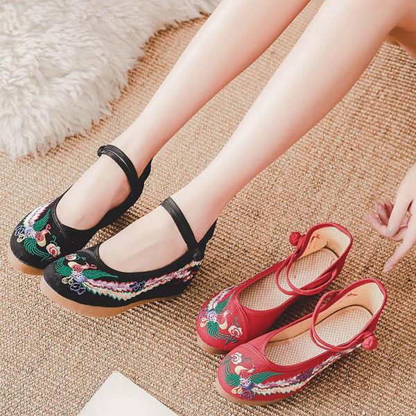 

dress shoes chinese style embroidery women's increased internal round toe shoe casual oxford bottom ankle strap canvas, Black