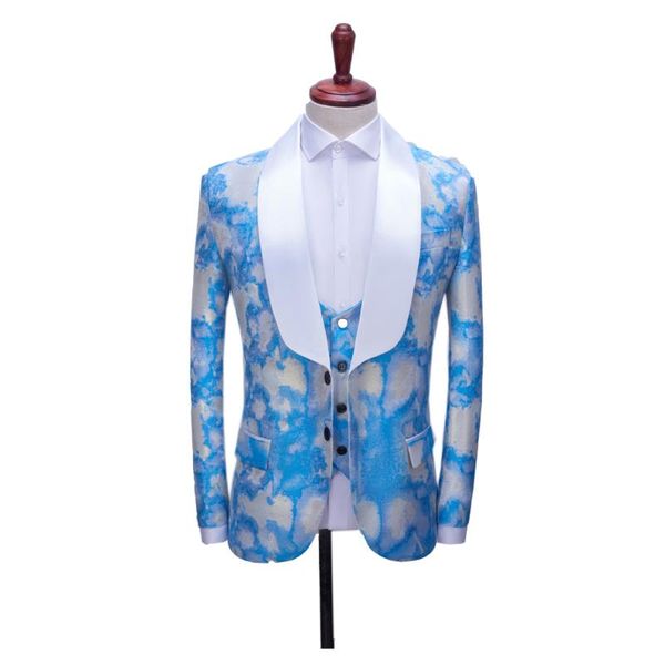

men's suits & blazers lapel blue printed suit slim shawl collar wedding fashion jacquard jacket black, White;black