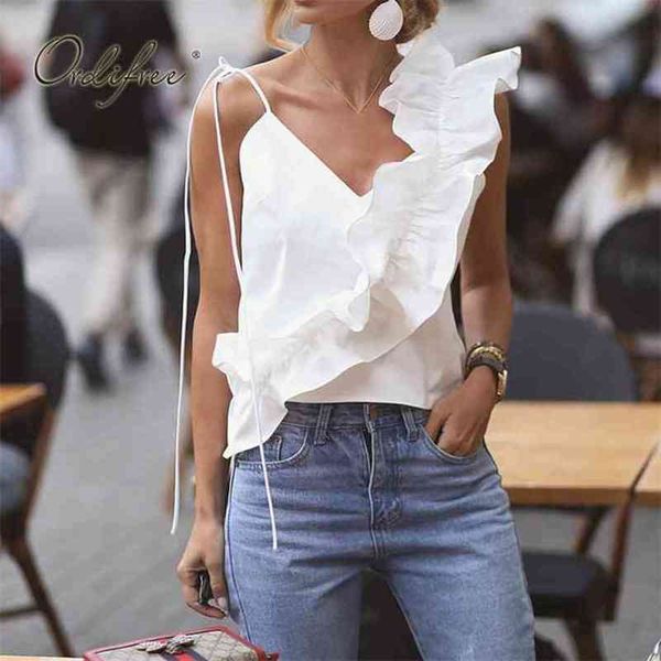 

summer women ruffle tank spaghetti strap camis streetwear fashion white 210513