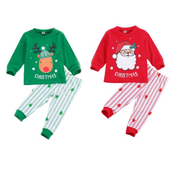 

xmas infant kids boys girls pajama sets cartoon print long sleeve pullover striped pants sleepwear, White