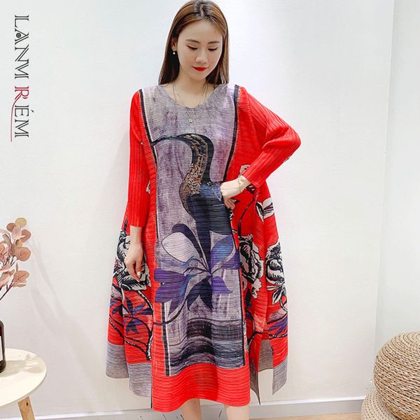 

women vintage dress printing stitching color round neck dresses female temperament loose fit fashion summer 2h250 210507, Black;gray