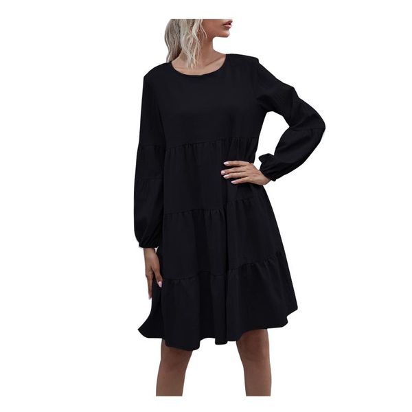 

casual dresses leisure loose dress 2021 fashion women solid color round neck lantern long sleeve bodice autumn winter elegant #3, Black;gray