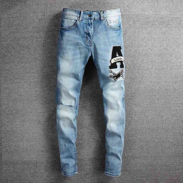 

patch 676 gaojiechao brand am beggars' pants men's light elastic trend slim fitting small leg jeans, Blue