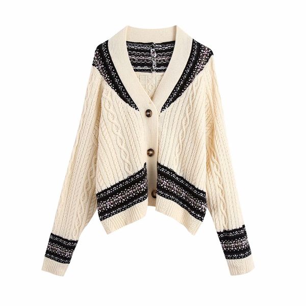 

vintage woman oversized beige patchwork knitted cardigan autumn winter fashion female warm knitwear ladies loose sweaters 210515, White