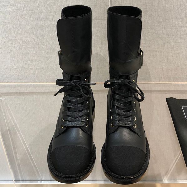 

Ladies 2021 designer winter black mid-tube boots lace up motorcycle boot