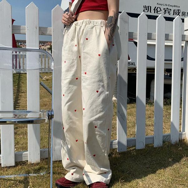 

women's pants & capris elastic high waist heart embroidered white wide leg oversized baggy harajuku sweet long vintage wild casual trou, Black;white