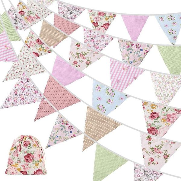 

party decoration 40ft fabric bunting, 42pcs outdoor bunting banner,floral vintage cotton triple-cornered flag for garden birthday