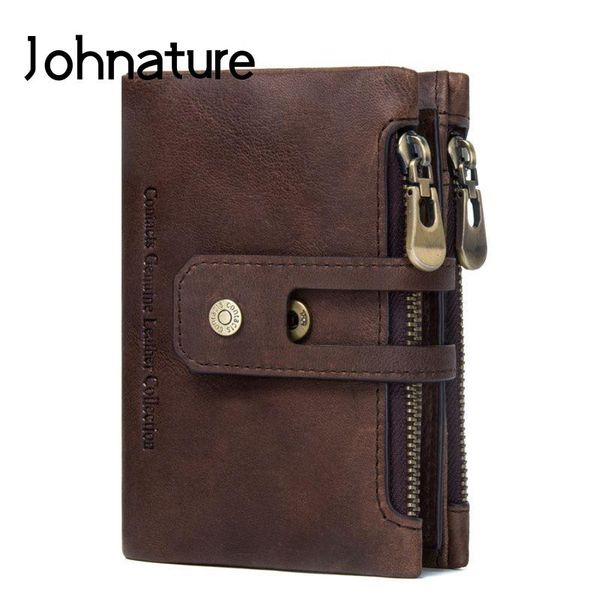

wallets johnature 2021 genuine leather crazy horse solid vintage zipper & hasp short standard men women coin purse, Red;black