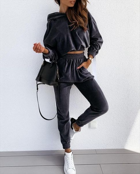 

velvet hooded sweatshirt suits womenpant casual drop shoulder sleeve long and pant autumn winter womens two pieces set, White