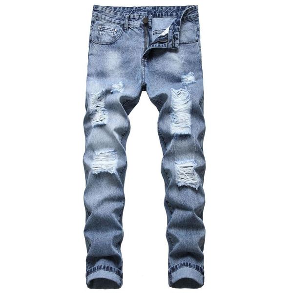 

men's jeans casual distressed denim pants with holes slim fit hommes cotton cowboys trousers male classic straight washed ripped, Blue