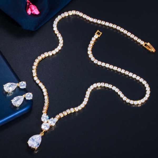 

cwwzircons bling cubic zirconia dangle drop women wedding necklace earrings set trendy african nigerian gold bridal jewelry t545 h1022, Silver