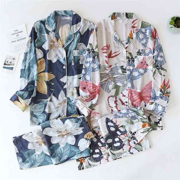 

spring and autumn long-sleeved trousers ladies pajamas set viscose cardigan butterfly flower simple thin home service summer 210809, Black;red