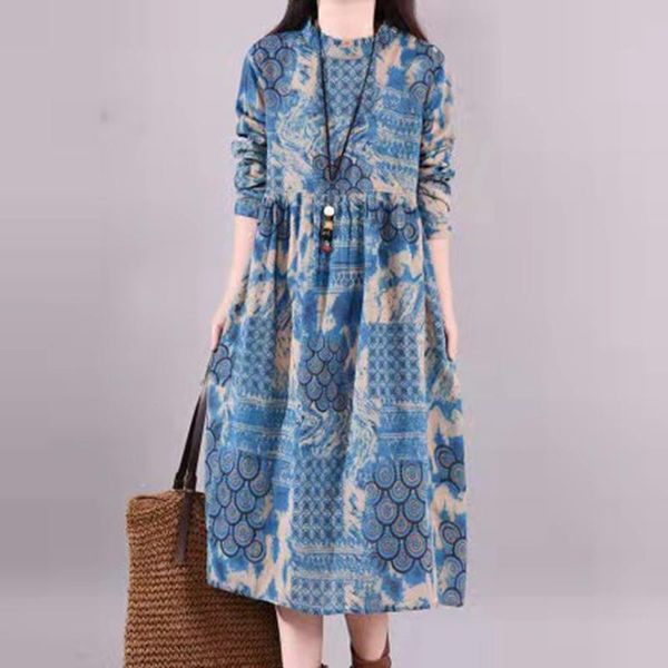 

casual dresses blue floral plus size midi high-waisted bodycon women's autumn season princessthin beach swing long sleeve 2, Black;gray