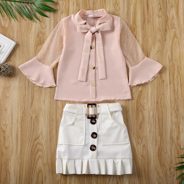 

baby girls spring summer clothes set chiffon pink long sleeve flare t-shirt + leather skirts outfits clothes sets, White