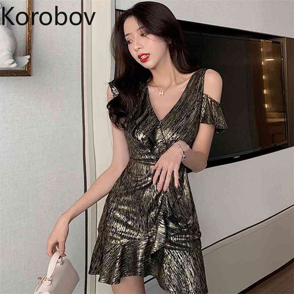 Korobov New Women Vestido de Cintura Alta Coreano Ruffles Retalhos Elegante Feminina Party Vestidos V Pescoço Robe Femme 2A444 210430