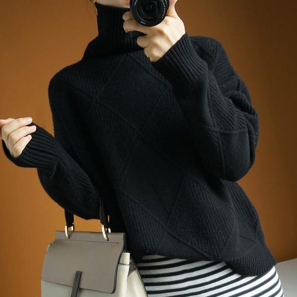 

women's sweaters women autumn winter loose turtleneck sweater pure color knitted pullover, White;black