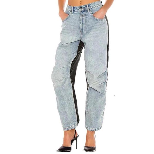 

women's jeans color contrast high waist loose adjustable elasticities straight pleated trousers fashion, Blue