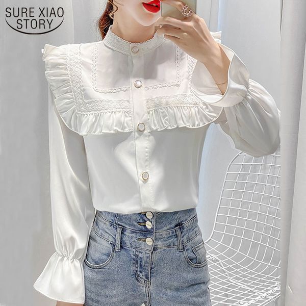 

korean loose elegant white blouse femme lace button up shirts for women ruffles vintage long sleeve ladies 12477 210508