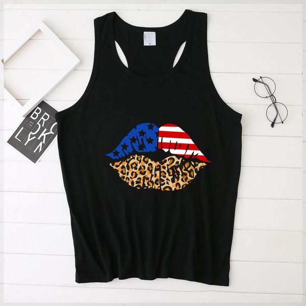 

2021 summer large vt trend loose us flag leopard lip print vt, White