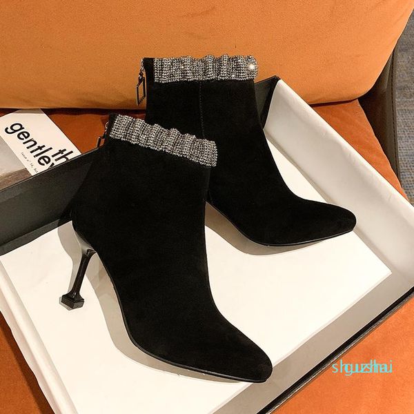 

boots winter women's fashion pointed toe party lady high heel booties black bling ankle for women botas mujer