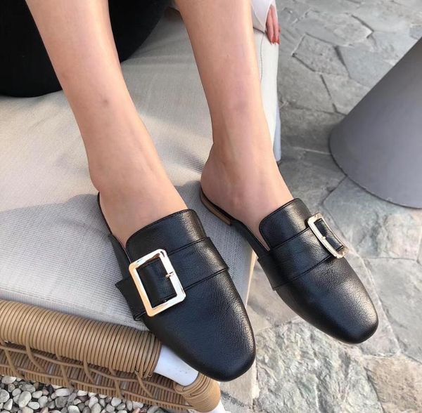 

slippers fashion women metal belt buckle design slip on flats slides round heeled casual flip flops comfortable slipper, Black
