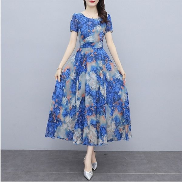 

summer fashion temperament women korean o neck flower print short sleeve chiffon casual dress 210531, Black;gray