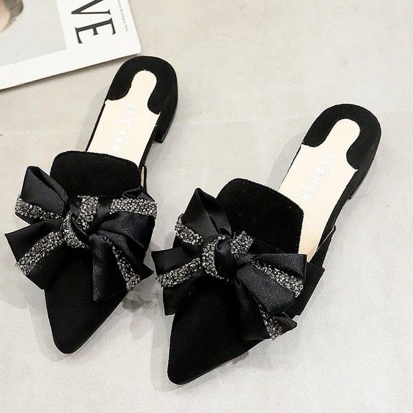 

slippers summer suede women's classic bow square heel pointed sandals women shoes, Black