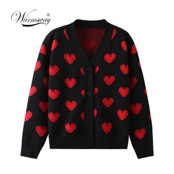 Love Heart Pattern Warm Maglione Giacche Primavera Autunno Donna Elegante lavoro a maglia Vintage scollo a V Cappotto cardigan spesso allentato C-110 210522