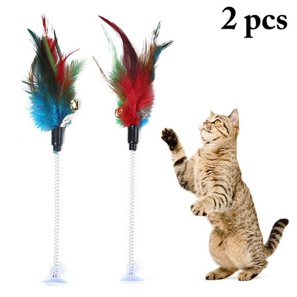 

cat toys 2pcs feather funny mice shape false mouse pet products bottom sucker elastic teaser bell ball catnip