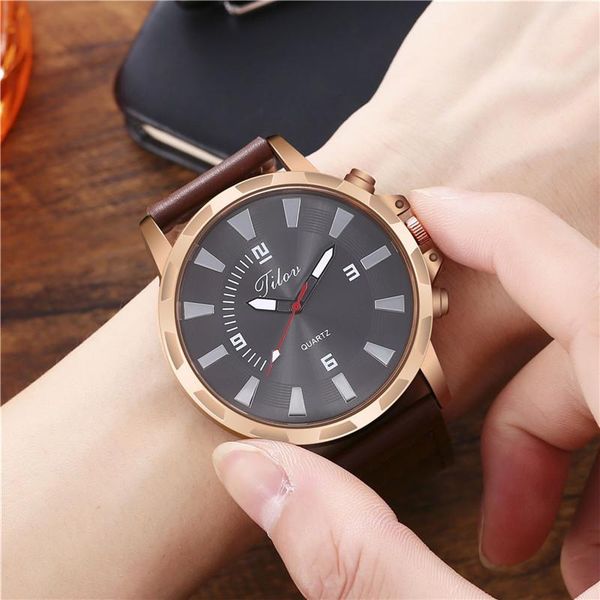 

wristwatches relogio masculino watches fashion creative big dial double scale belt men's quartz watch gift reloj business zegarki meski, Slivery;brown