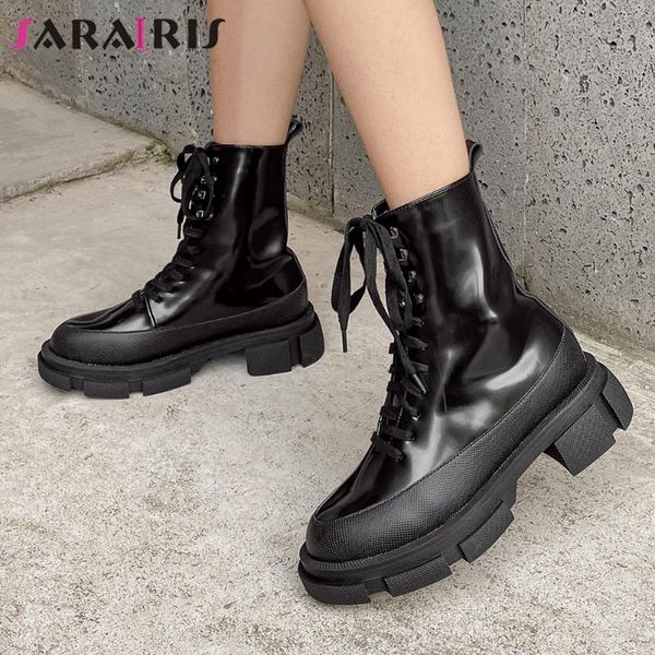 

boots sarairis brand fashion women ankle platform chunky heeled shoelace casual ladies short footwear botas de mujer, Black
