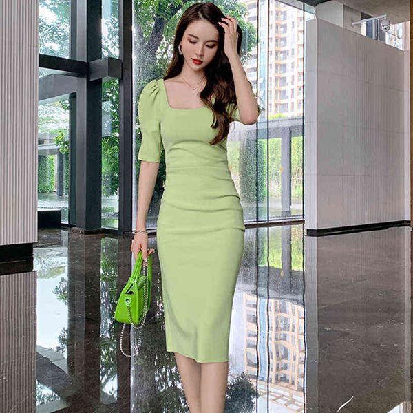 

french style vintage square collar puff sleeve midi party dress ladies elegant backless bodycon female split pencil dress y1204, Black;gray