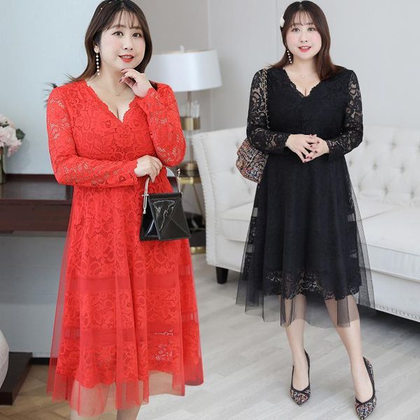 

casual dresses 4xl 2021 spring women plus size red lace dress vintage v neck large long office elegant mesh evening party vestidos, Black;gray
