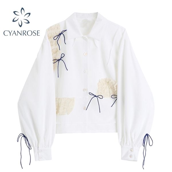 

irregular spliced crop shirt blouse women bownot design cardigan lapel blusas mujer long sleeve spring loose ins white 210515