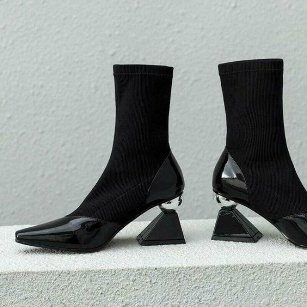 

boots ladies sock ankle boot women triangle shoes pull on pointed winter ball heel strange high 2021, Black