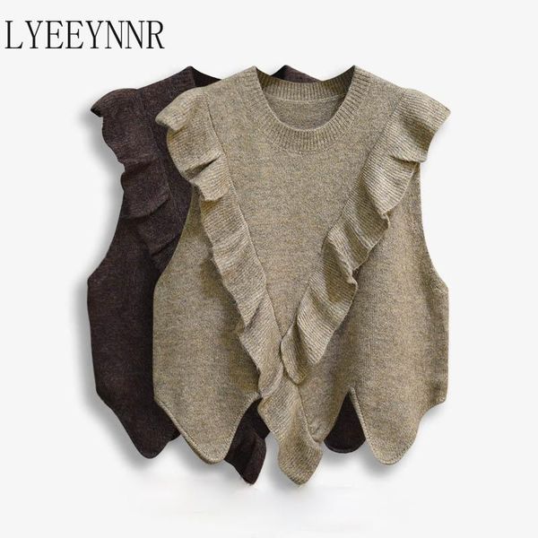 

women's vests lyeeynnr sweater vest women ruffle patchwork v neck sleeveless waistcoat unicolor casual loose knitted tank korean style, Black;white
