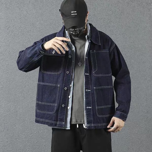 

men's jackets spring autumn denim men multi-pocket casual jean mens loose printed letter black male solid color r1pc, Black;brown