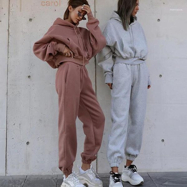 

running sets autumn winter sport women joggers yoga 2 piece hooded sweatshirt pants gym set tracksuit fleece outfits sweatpants1, Black;blue